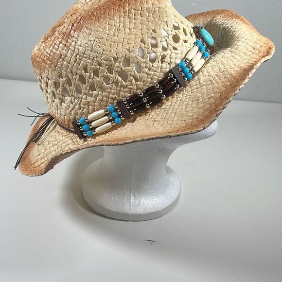 100% Paper Cowboy Hat w/ Turquoise & Brown Band. Beige. OSFM. - Picture 4 of 9